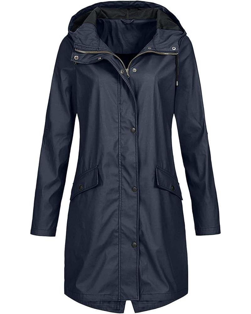 Jackets for Women Waterproof Rain Coat Casual Hooded Long Outerwear Long Sleeve Zipper Button Tops with Pocket Navy $8.84 Jac...