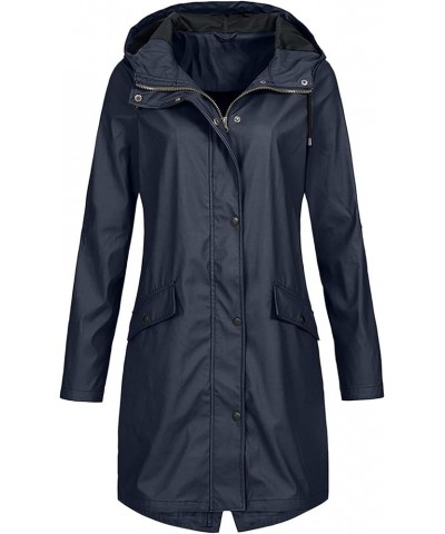 Jackets for Women Waterproof Rain Coat Casual Hooded Long Outerwear Long Sleeve Zipper Button Tops with Pocket Navy $8.84 Jac...