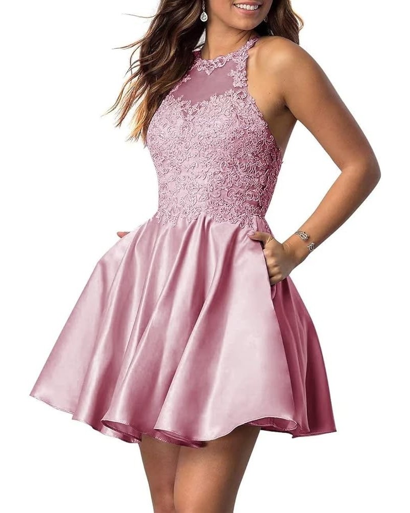 Short Prom Dresses for Juniors Lace Applique Sparkly Beading Halter Homecoming Dress Dusty Pink $31.20 Dresses