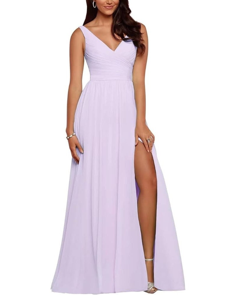 Women's Bridesmaid Dresses Long for Teens Side Split Chiffon Double V Neck Maid of Honor Formal Dresses for Wedding Lilac2 $2...