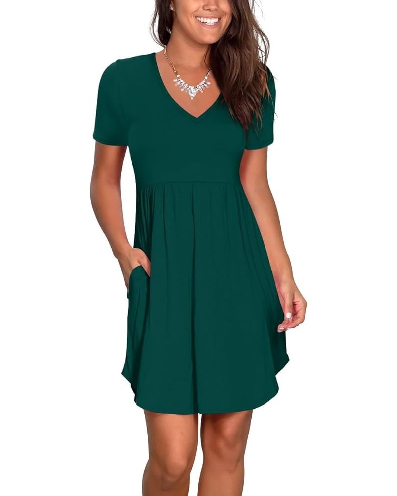 Women Casual Short Sleeve Dresses Summer V Neck Sun Dress Elastic Mini Sundress with Pockets 5 Dark Green (Sleeve) $11.00 Dre...