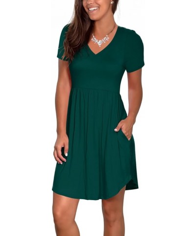 Women Casual Short Sleeve Dresses Summer V Neck Sun Dress Elastic Mini Sundress with Pockets 5 Dark Green (Sleeve) $11.00 Dre...