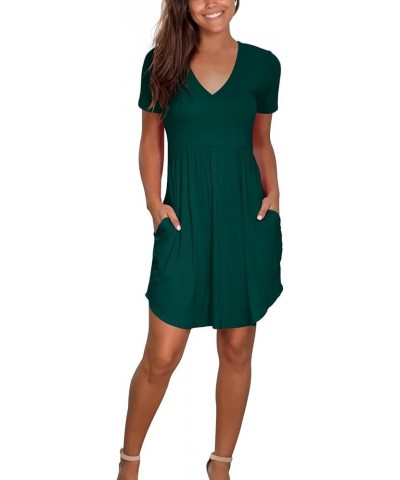 Women Casual Short Sleeve Dresses Summer V Neck Sun Dress Elastic Mini Sundress with Pockets 5 Dark Green (Sleeve) $11.00 Dre...