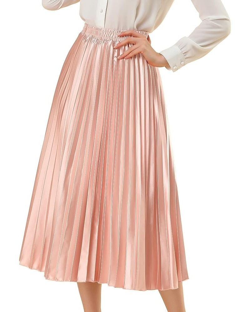 Women's Party Elastic Waist Metallic Shiny Accordion Pleated Midi Skirt Pink $21.82 Skirts