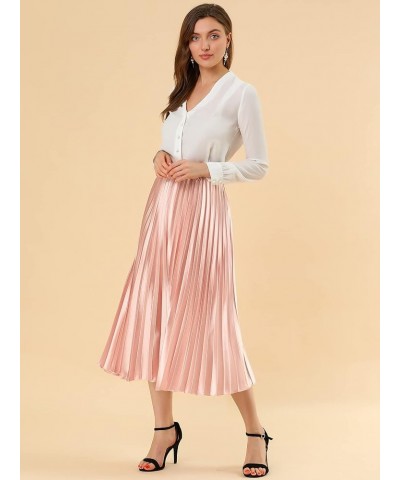 Women's Party Elastic Waist Metallic Shiny Accordion Pleated Midi Skirt Pink $21.82 Skirts