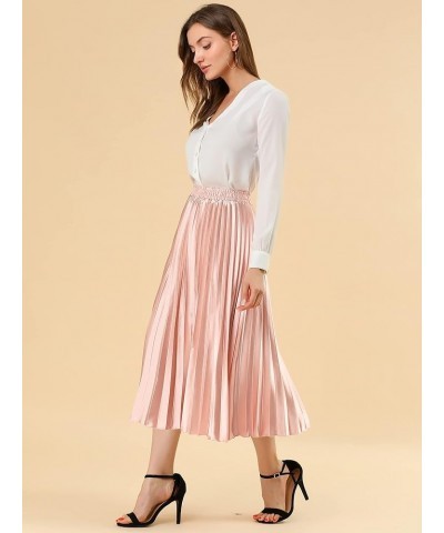 Women's Party Elastic Waist Metallic Shiny Accordion Pleated Midi Skirt Pink $21.82 Skirts