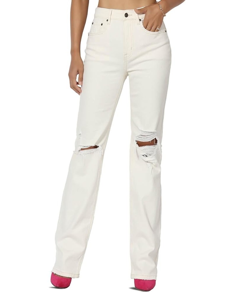 Women's Distressed High Waist Dad Jeans Wide Straight Leg Relaxed Denim Pants Ivory $25.85 Jeans