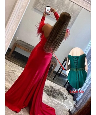 Off The Shoulder Mermaid Prom Dresses with Slit Long Sleeves Sweetheart Feather Satin Formal Party Gown Evening Dresses Silve...