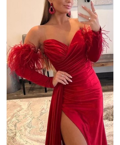 Off The Shoulder Mermaid Prom Dresses with Slit Long Sleeves Sweetheart Feather Satin Formal Party Gown Evening Dresses Silve...