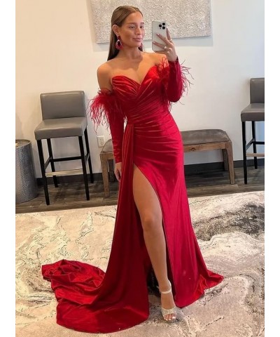 Off The Shoulder Mermaid Prom Dresses with Slit Long Sleeves Sweetheart Feather Satin Formal Party Gown Evening Dresses Silve...