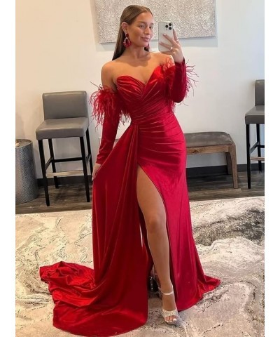 Off The Shoulder Mermaid Prom Dresses with Slit Long Sleeves Sweetheart Feather Satin Formal Party Gown Evening Dresses Silve...