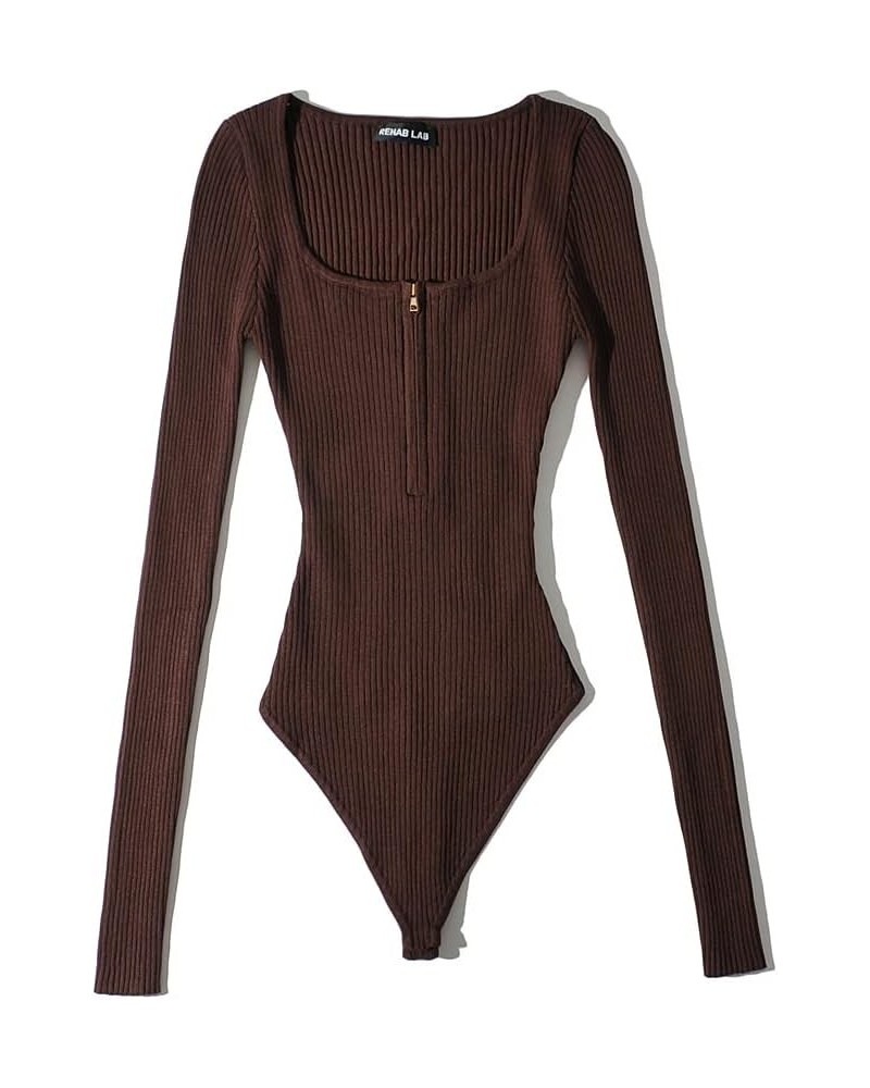 Elegant Long Sleeve Square Collar Zipper Knitted Stretchable Slim Bodysuit Women Tops Jumpsuit Auburn $13.08 Bodysuits