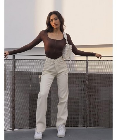 Elegant Long Sleeve Square Collar Zipper Knitted Stretchable Slim Bodysuit Women Tops Jumpsuit Auburn $13.08 Bodysuits