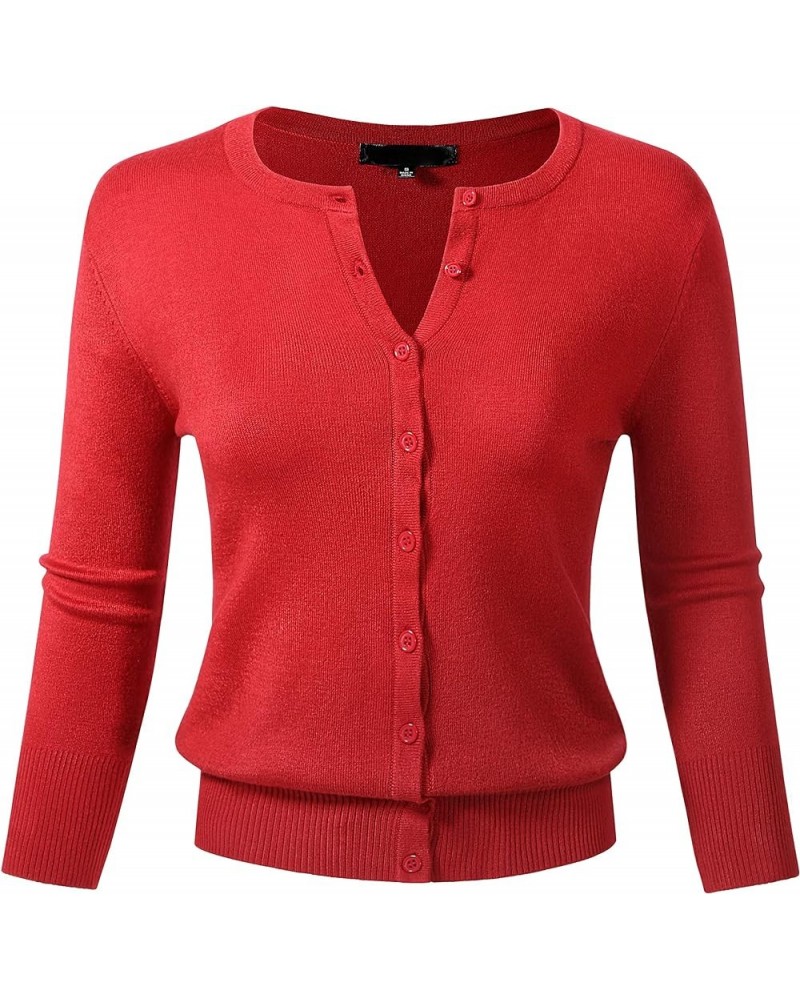 Women's Button Down 3/4 Sleeve Crew Neck Knit Cardigan Sweater (S-3X) Red $13.95 Sweaters