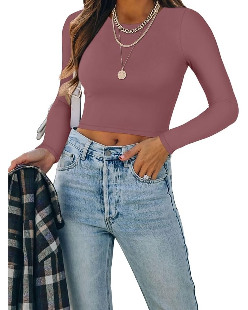 Women's Cute High Neck Double Lined Long Sleeve Slim Fitted T Shirt Trendy Going Out Crop Tops Marsala $10.19 T-Shirts