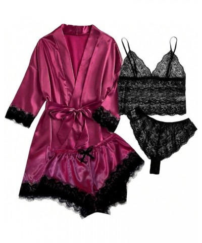 Sexy Lingerie for Women 2023 Naughty Silk Pajama Set Robe Floral Lace Nightgowns Satin Pj Set Multi Piece Pajama Set 4 Pc Paj...