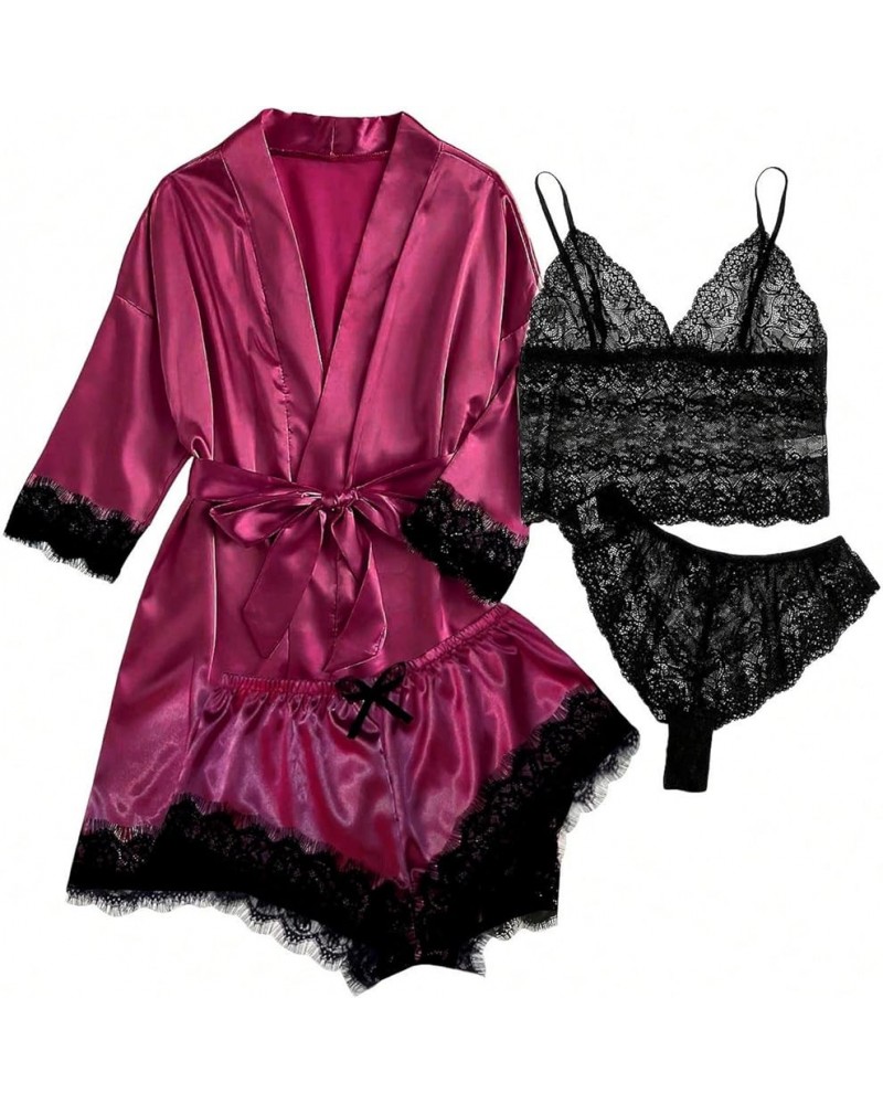 Sexy Lingerie for Women 2023 Naughty Silk Pajama Set Robe Floral Lace Nightgowns Satin Pj Set Multi Piece Pajama Set 4 Pc Paj...