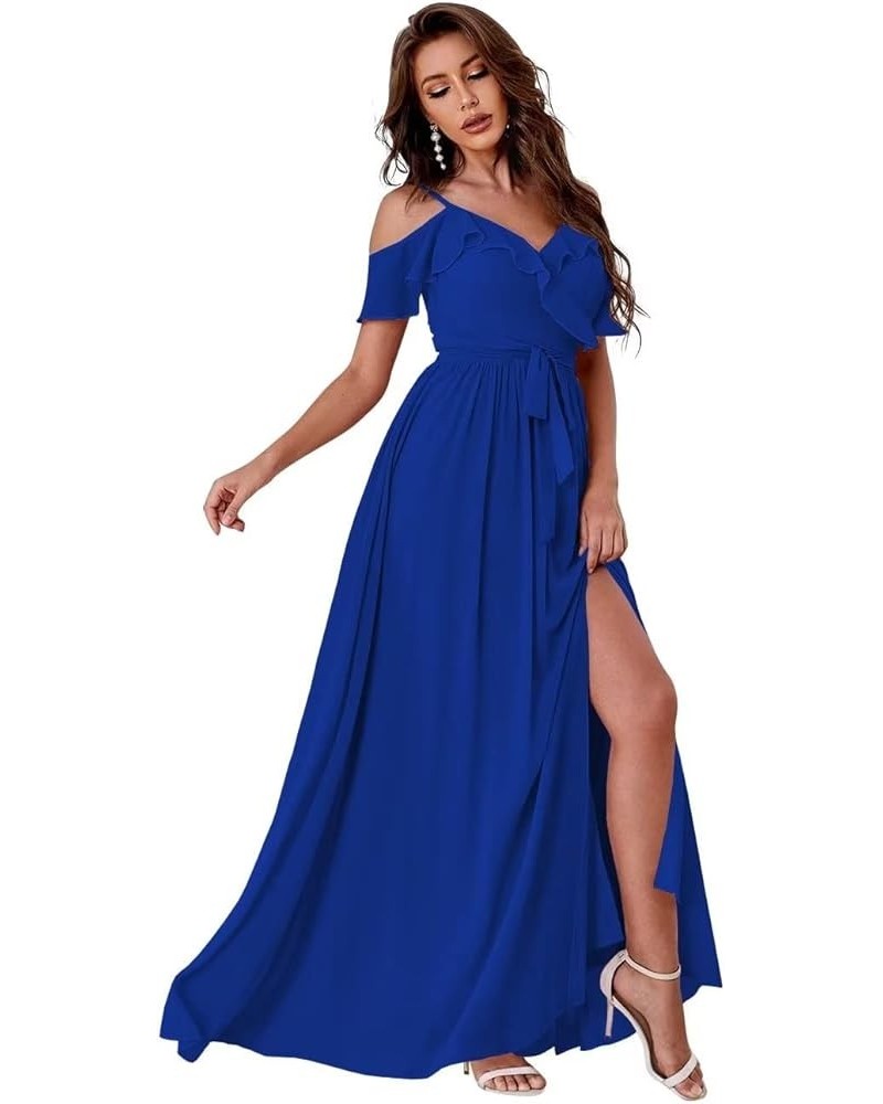 Off Shoulder Chiffon Bridesmaid Dresses Long with Slit V Neck Formal Prom Party Dresses for Women with Pockets Royal Blue $35...