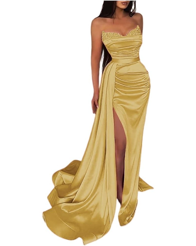 Women's Prom Dresses with Slit Strapless Sparkly Mermaid Pleated Beading Stain Formal Evening Gowns Gold $33.21 Dresses