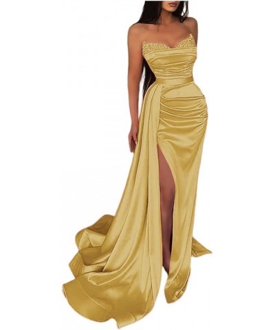 Women's Prom Dresses with Slit Strapless Sparkly Mermaid Pleated Beading Stain Formal Evening Gowns Gold $33.21 Dresses