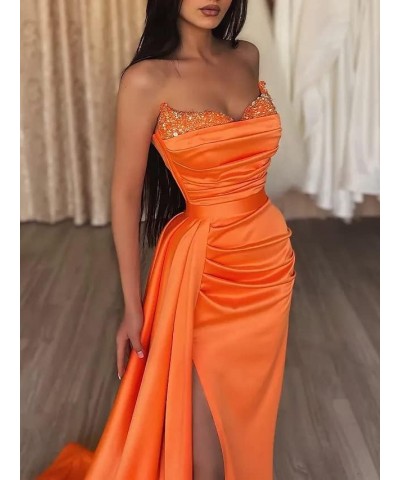 Women's Prom Dresses with Slit Strapless Sparkly Mermaid Pleated Beading Stain Formal Evening Gowns Gold $33.21 Dresses