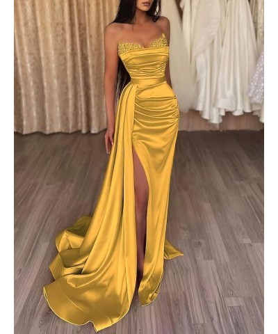 Women's Prom Dresses with Slit Strapless Sparkly Mermaid Pleated Beading Stain Formal Evening Gowns Gold $33.21 Dresses