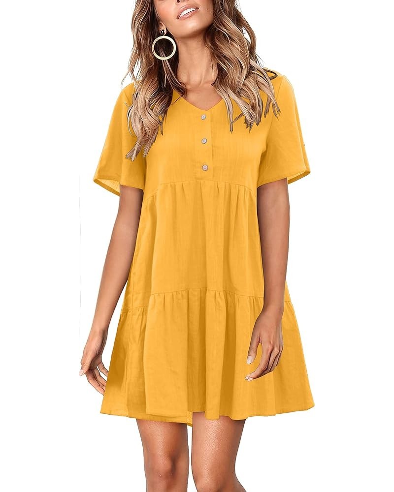 Womens Summer Tunic Dress V Neck Short Sleeve Button Mini Dress Loose Flowy Swing Shift Dresses Yellow $15.84 Dresses