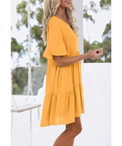 Womens Summer Tunic Dress V Neck Short Sleeve Button Mini Dress Loose Flowy Swing Shift Dresses Yellow $15.84 Dresses