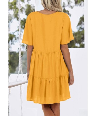 Womens Summer Tunic Dress V Neck Short Sleeve Button Mini Dress Loose Flowy Swing Shift Dresses Yellow $15.84 Dresses