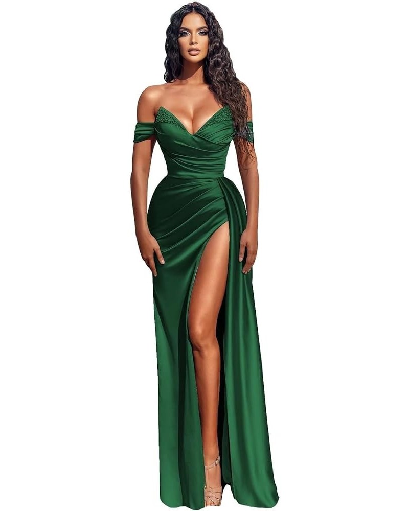 Off Shoulder Long Mermaid Prom Dresses Satin Slit Ball Gown 2023 Beaded Formal Evening Party Dress CO608 Emerald Green $44.18...