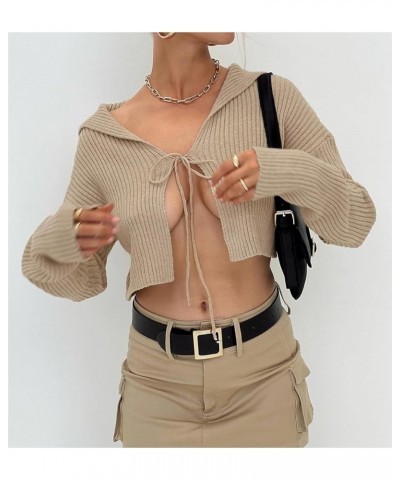 Women Sexy Y2k Front Tie Cardigan Ribbed Knit Long Sleeve Sweater Slim Fitted Going Out Shirts Streetwear 04-cropped Khaki $1...