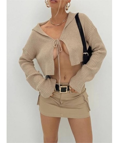 Women Sexy Y2k Front Tie Cardigan Ribbed Knit Long Sleeve Sweater Slim Fitted Going Out Shirts Streetwear 04-cropped Khaki $1...