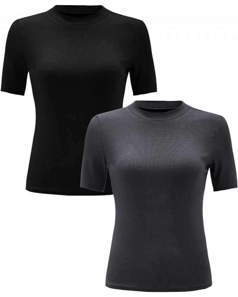 Women's 2 Pack Casual Basic Mock Neck Short Sleeve Rib Knit Work Tops Black and Grey $16.10 T-Shirts