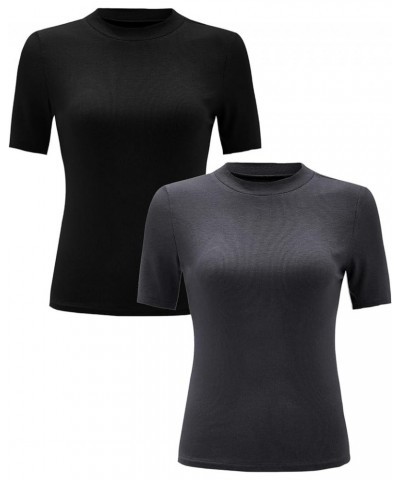 Women's 2 Pack Casual Basic Mock Neck Short Sleeve Rib Knit Work Tops Black and Grey $16.10 T-Shirts