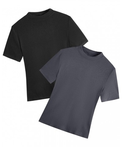 Women's 2 Pack Casual Basic Mock Neck Short Sleeve Rib Knit Work Tops Black and Grey $16.10 T-Shirts