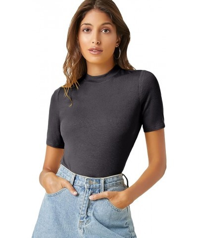 Women's 2 Pack Casual Basic Mock Neck Short Sleeve Rib Knit Work Tops Black and Grey $16.10 T-Shirts