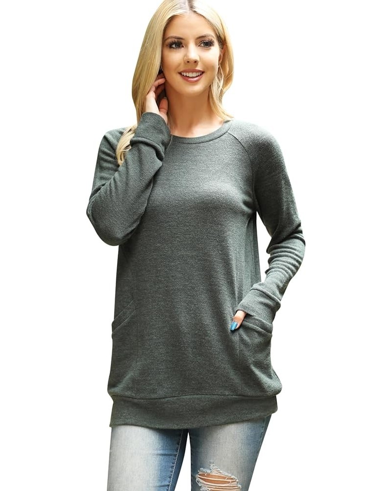 Boho Loose Fit Hi-Low Knit Tunic - Long Sleeve V-Neck Center Seam Sweater Top Knit Front Pocket Long Sleeve Top - Dark Olive ...