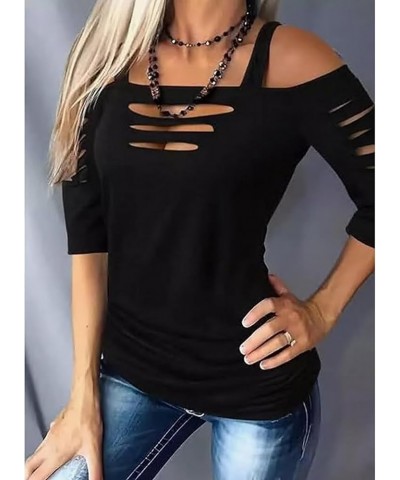 Womens Button Fake Two-Piece Ruched Blouse V Neck T Shirts Summer V Neck Cold Shoulder Tops T Shirts Tunic Blouses Black $12....