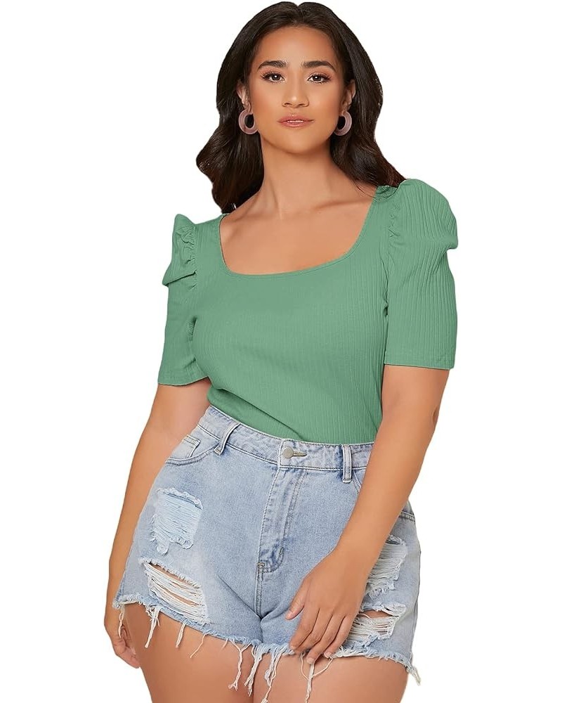 Women's Puff Sleeve Square Neck Short Sleeve Elegant Tee Top Mint Green Plus $14.83 T-Shirts