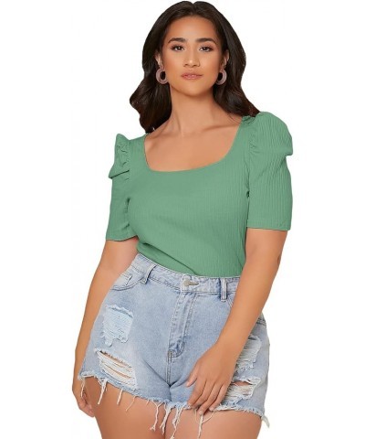 Women's Puff Sleeve Square Neck Short Sleeve Elegant Tee Top Mint Green Plus $14.83 T-Shirts