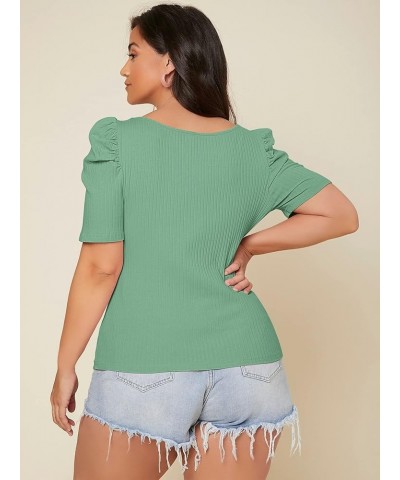 Women's Puff Sleeve Square Neck Short Sleeve Elegant Tee Top Mint Green Plus $14.83 T-Shirts