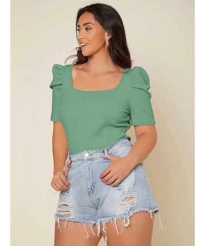 Women's Puff Sleeve Square Neck Short Sleeve Elegant Tee Top Mint Green Plus $14.83 T-Shirts