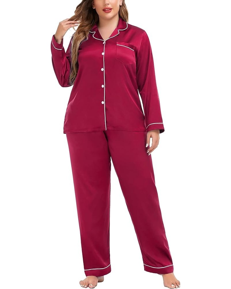 Plus Size Pajama Set for Women Silk Satin Pajamas Long Sleeve Sleepwear Button Down PJs Soft Pj Set with Chest Pocket Red $18...