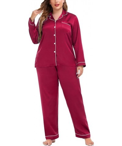 Plus Size Pajama Set for Women Silk Satin Pajamas Long Sleeve Sleepwear Button Down PJs Soft Pj Set with Chest Pocket Red $18...