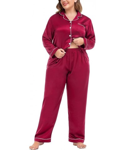 Plus Size Pajama Set for Women Silk Satin Pajamas Long Sleeve Sleepwear Button Down PJs Soft Pj Set with Chest Pocket Red $18...