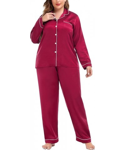 Plus Size Pajama Set for Women Silk Satin Pajamas Long Sleeve Sleepwear Button Down PJs Soft Pj Set with Chest Pocket Red $18...