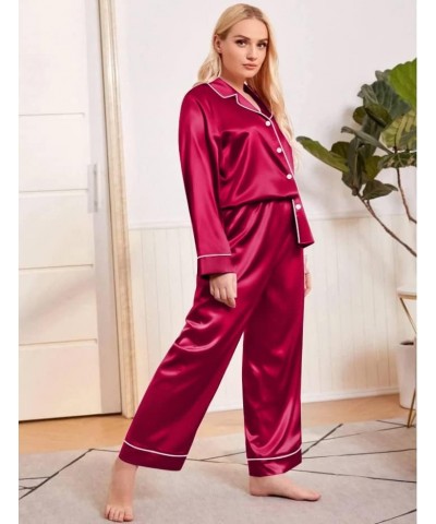 Plus Size Pajama Set for Women Silk Satin Pajamas Long Sleeve Sleepwear Button Down PJs Soft Pj Set with Chest Pocket Red $18...