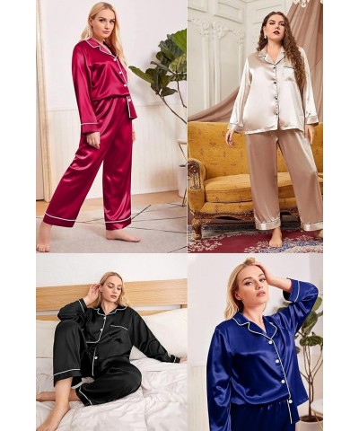 Plus Size Pajama Set for Women Silk Satin Pajamas Long Sleeve Sleepwear Button Down PJs Soft Pj Set with Chest Pocket Red $18...