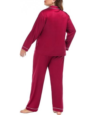 Plus Size Pajama Set for Women Silk Satin Pajamas Long Sleeve Sleepwear Button Down PJs Soft Pj Set with Chest Pocket Red $18...