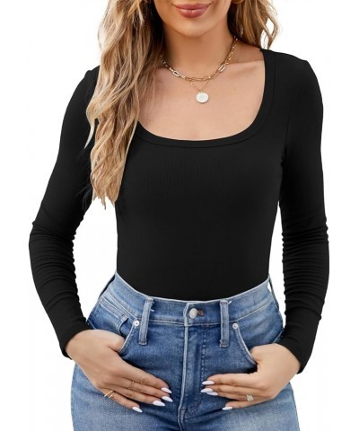 Women's Casual Long Sleeve Square Neck Bodysuit Shirt Tops Sexy Ribbed Knit Basic Body Suit Blouse Black $17.15 Lingerie